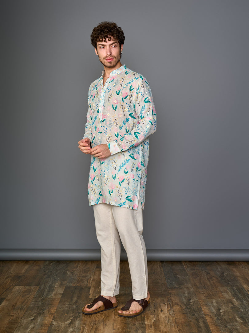 Soft Ivory Floral Linen Kurta With Self Design