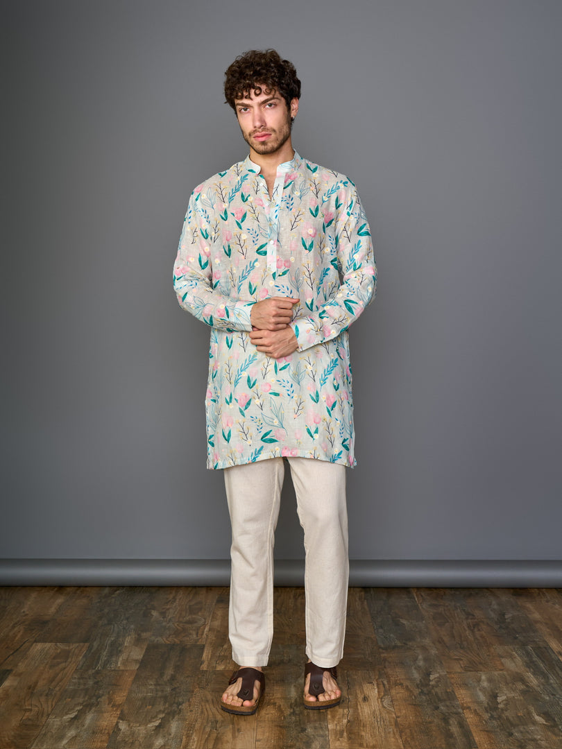 Soft Ivory Floral Linen Kurta With Self Design