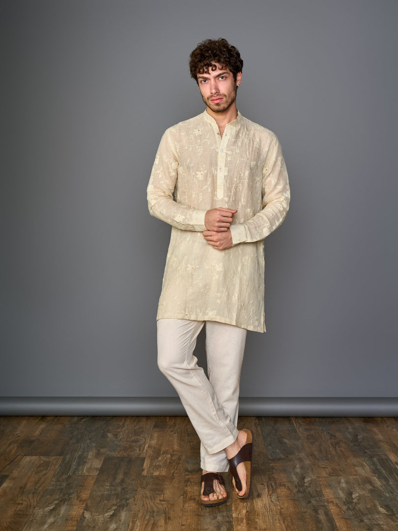 Ivory Sand Linen Kurta With Self Design