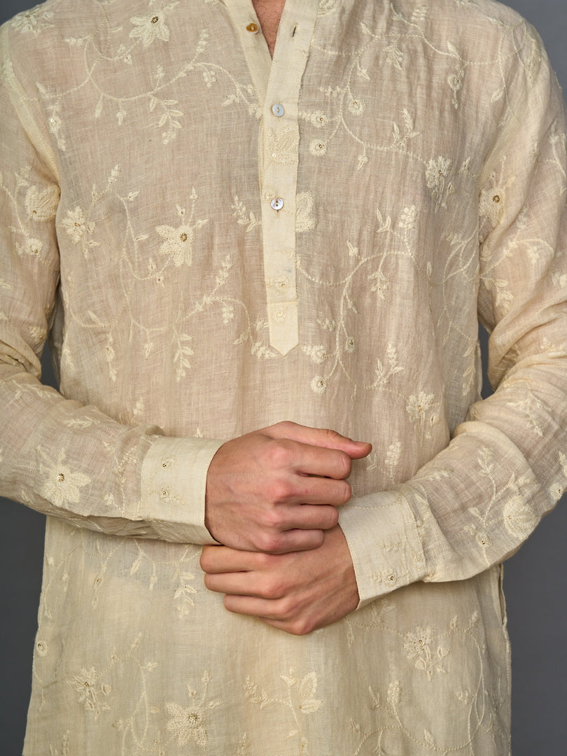 Ivory Sand Linen Kurta With Self Design
