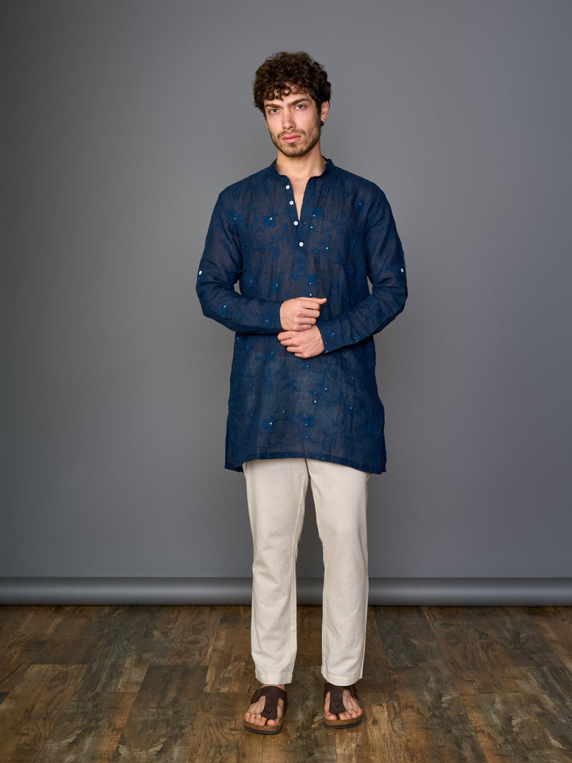 Midnight Indigo Linen Kurta With Self Design