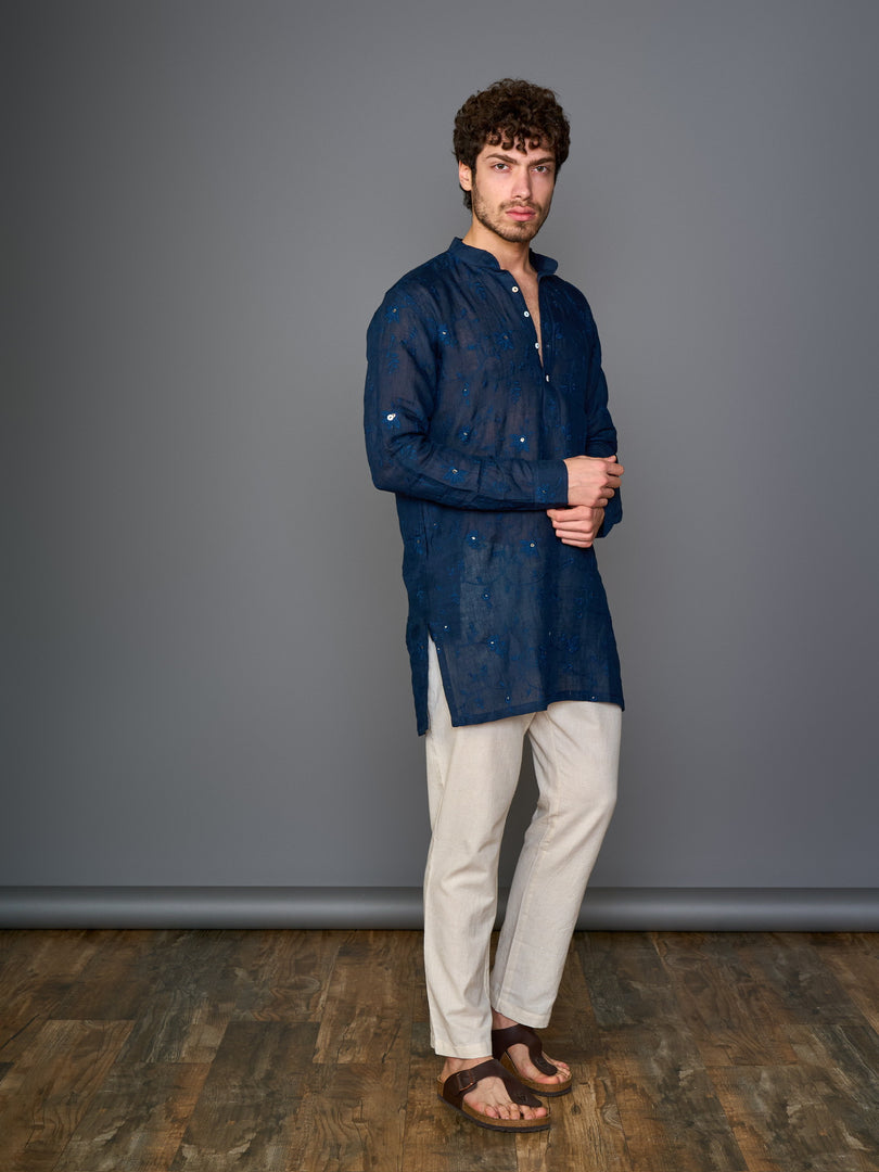 Midnight Indigo Linen Kurta With Self Design