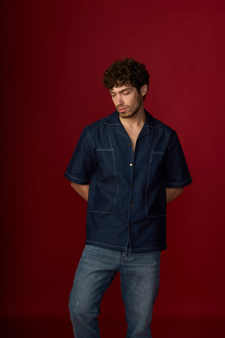Blue Denim Shirt  Cuban Collar