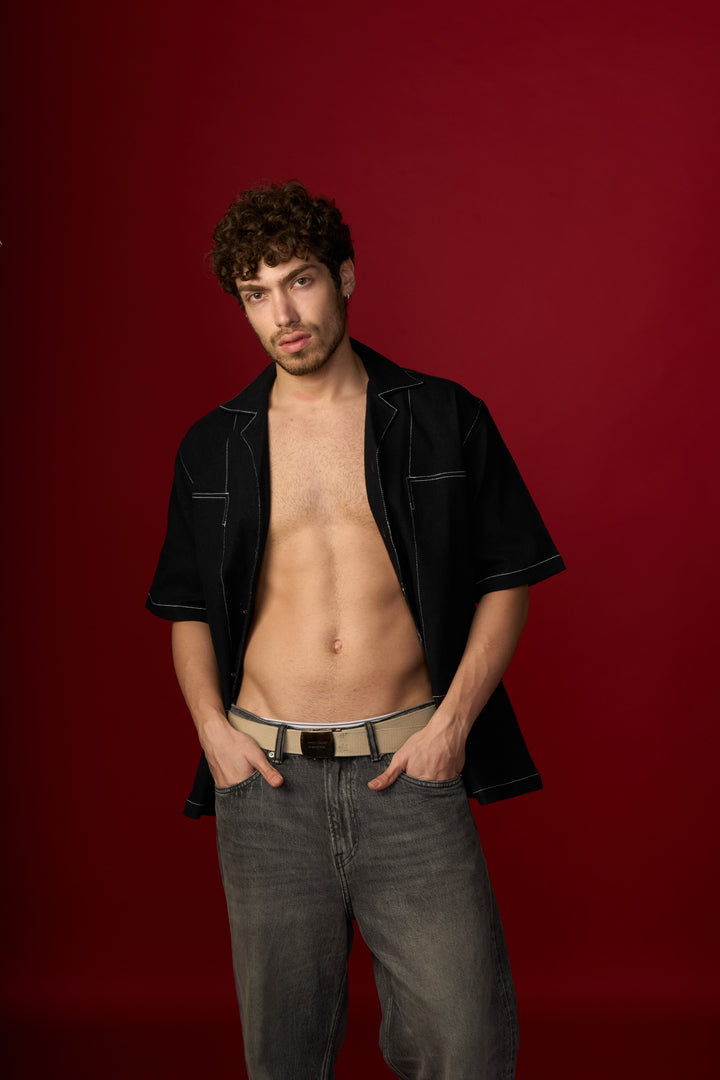 Black Denim Shirt  Cuban Collar