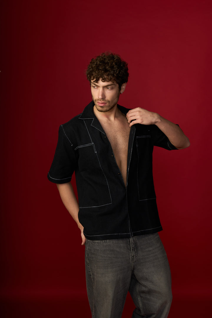 Black Denim Shirt  Cuban Collar