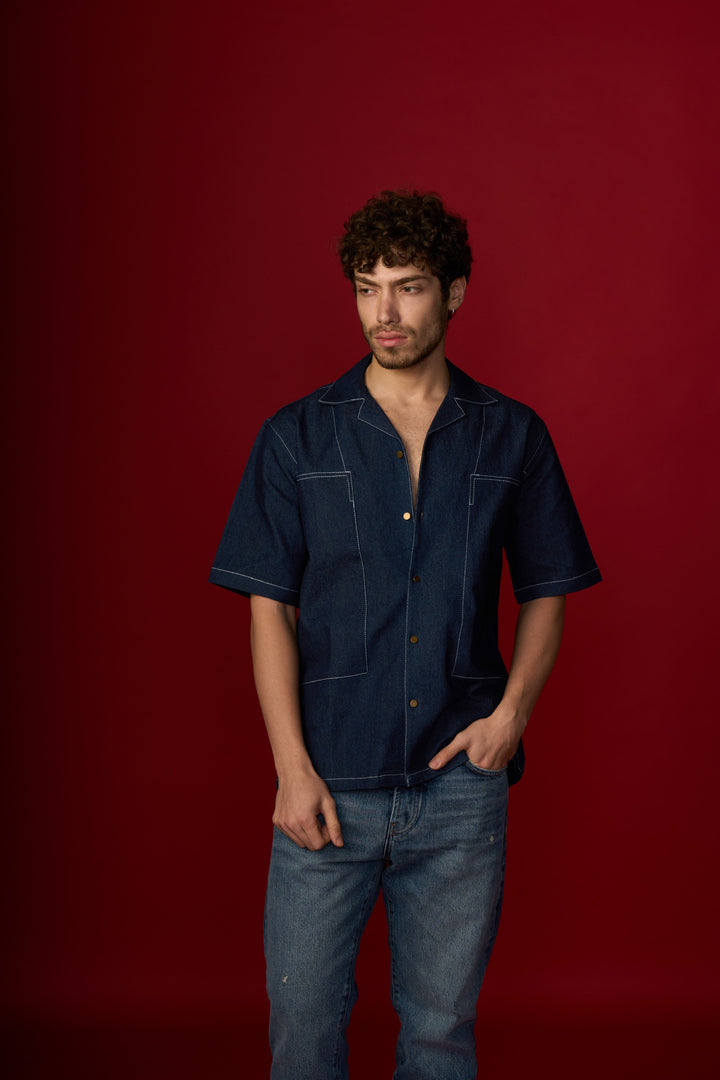 Blue Denim Shirt  Cuban Collar