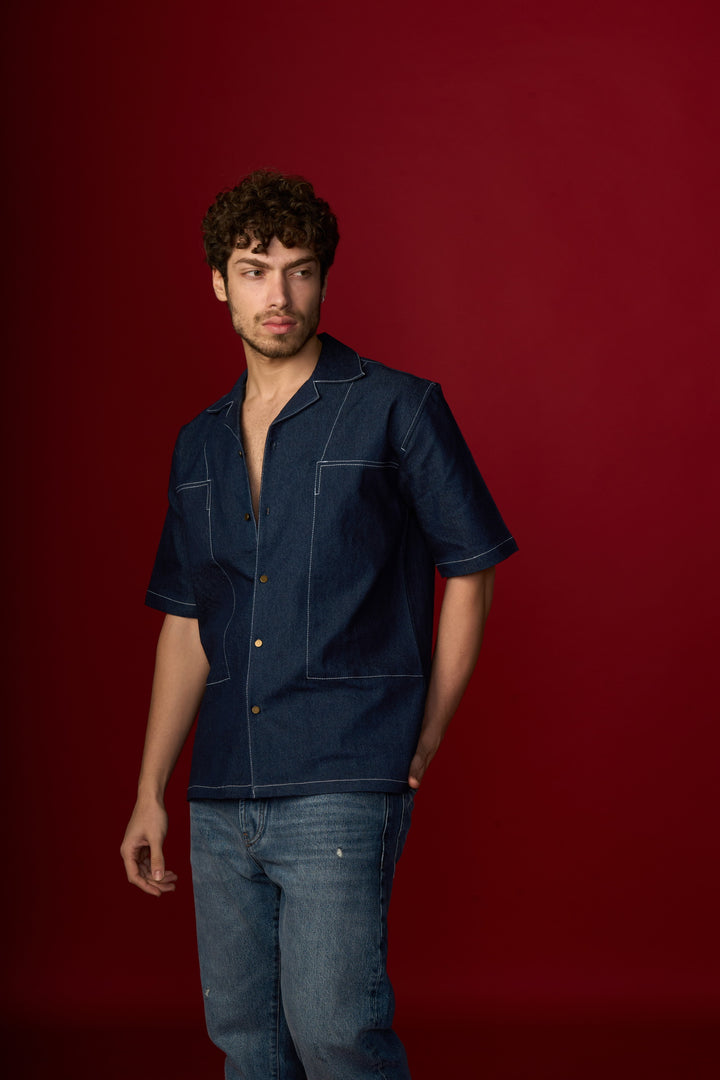 Blue Denim Shirt  Cuban Collar