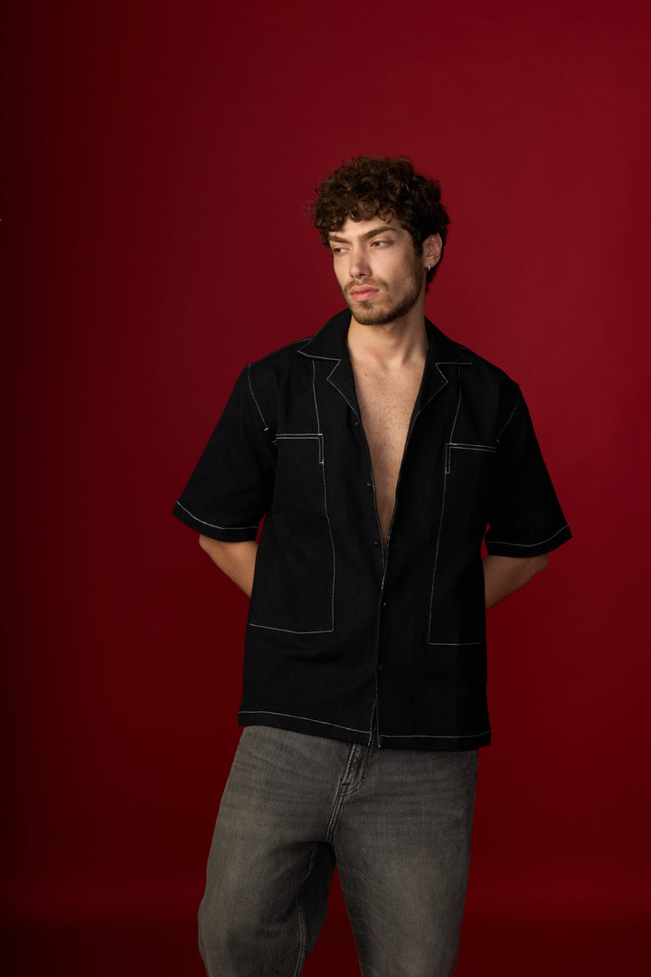 Black Denim Shirt  Cuban Collar