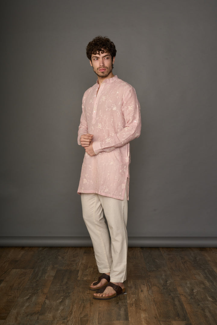 Petal Mist Linen Kurta with Motifs