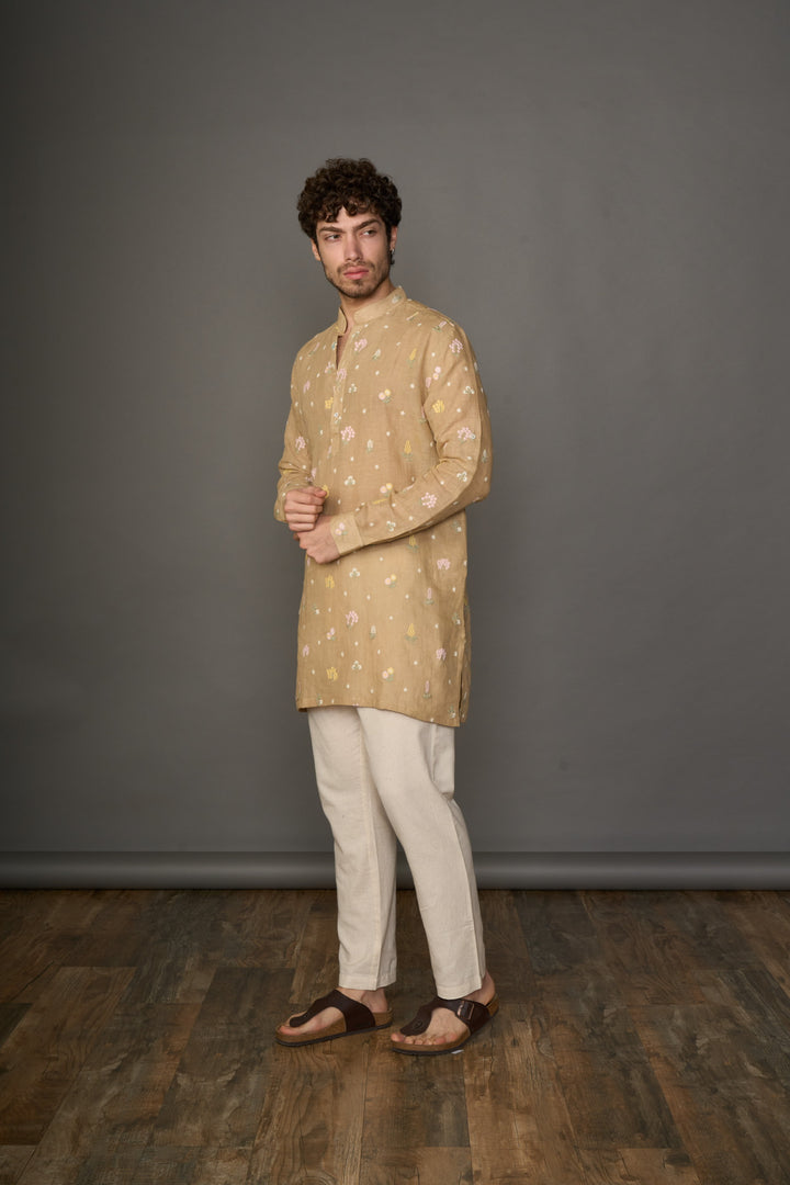 Mocha Magic Linen Kurta with Motifs