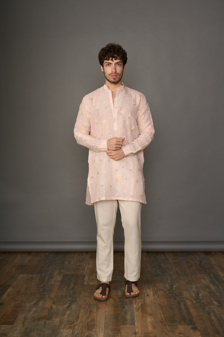 Soft Nude Pink Linen Kurta with Motifs