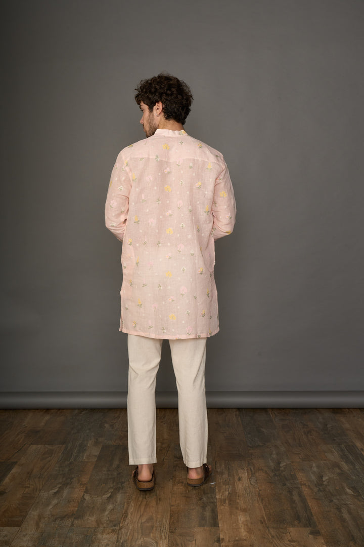 Soft Nude Pink Linen Kurta with Motifs