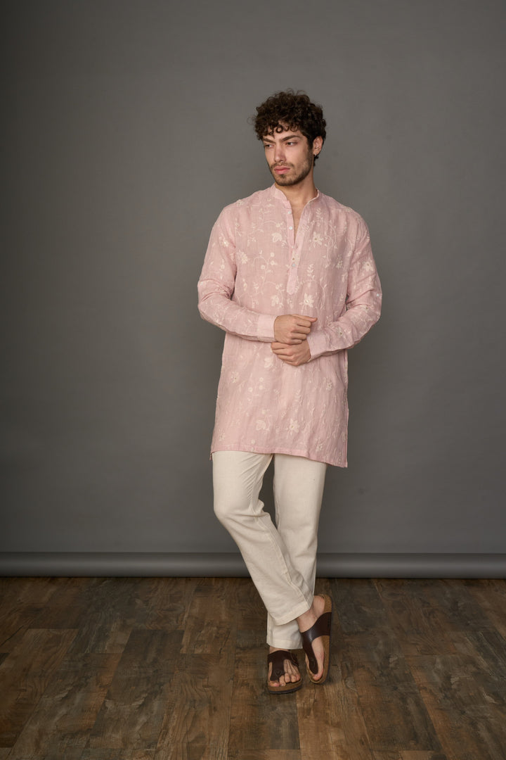 Petal Mist Linen Kurta with Motifs