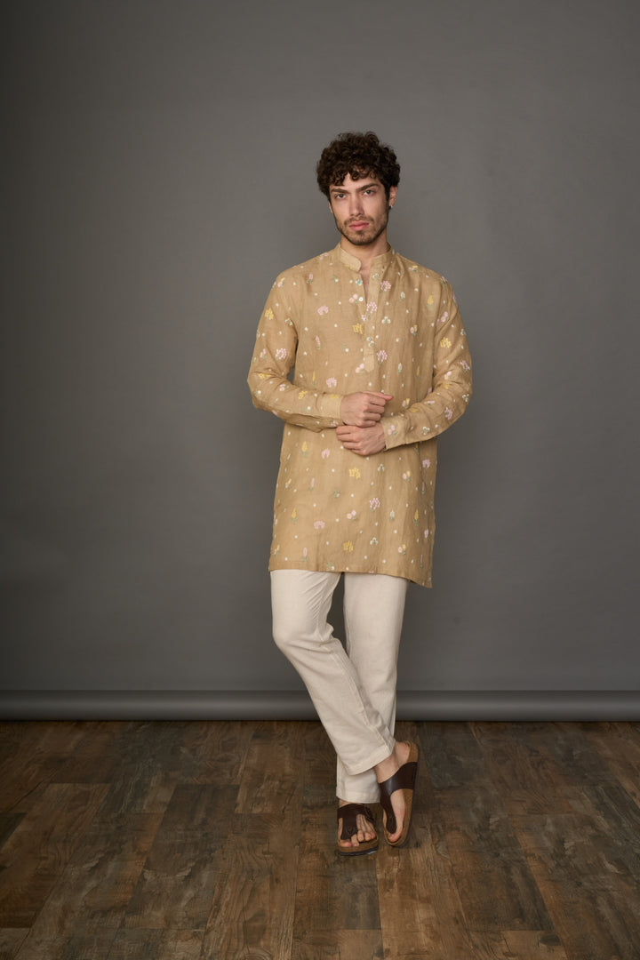 Mocha Magic Linen Kurta with Motifs