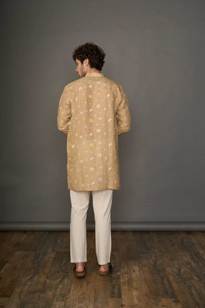 Mocha Magic Linen Kurta with Motifs