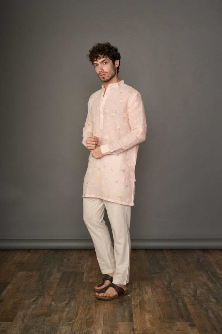 Soft Nude Pink Linen Kurta with Motifs