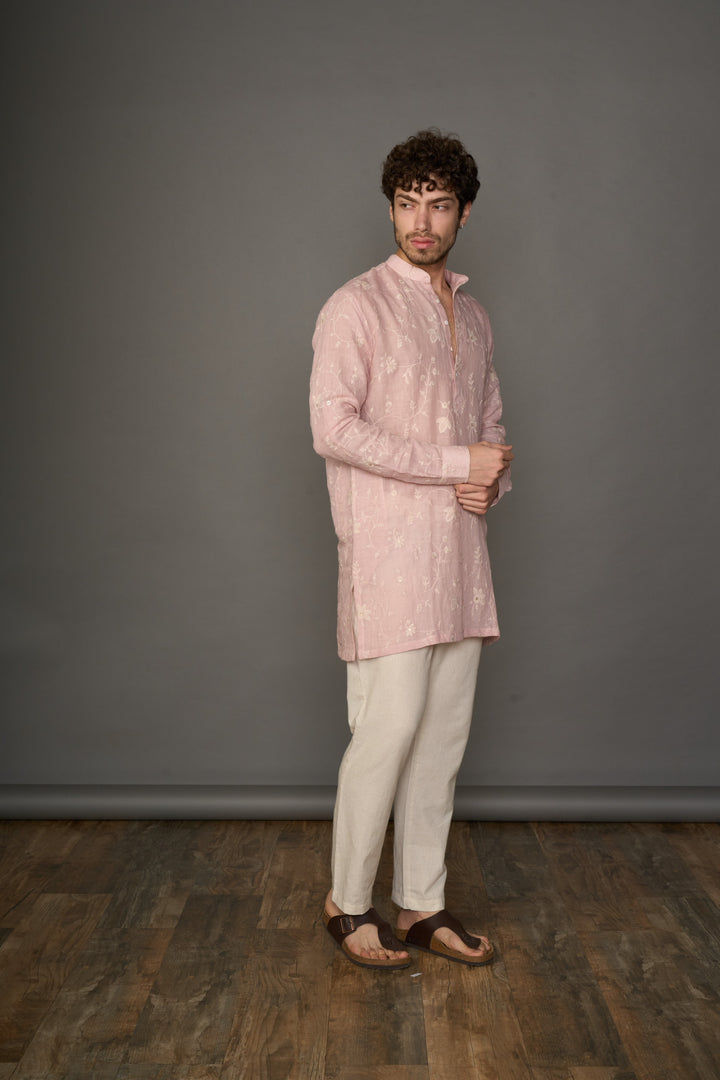 Petal Mist Linen Kurta with Motifs