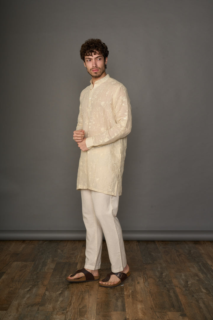 Ivory Sand Linen Kurta With Self Design