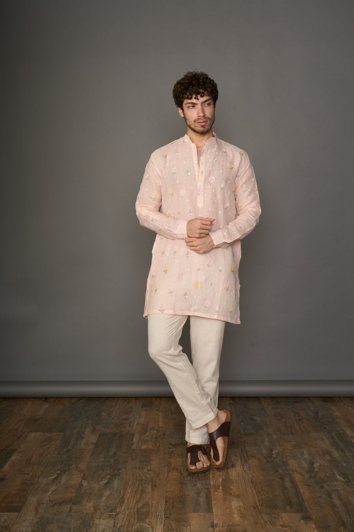 Soft Nude Pink Linen Kurta with Motifs