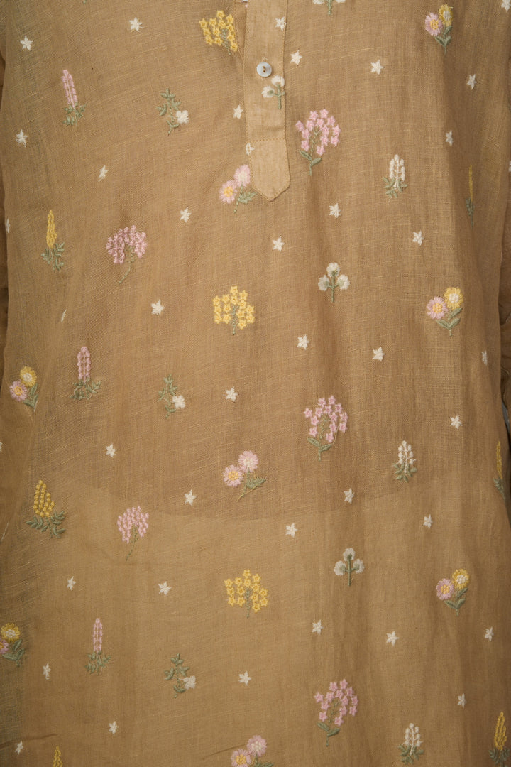 Mocha Magic Linen Kurta with Motifs